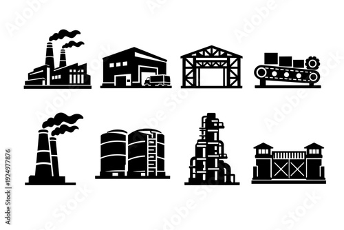 Industrial and manufacturing complex icons showing factories, production, and warehouses