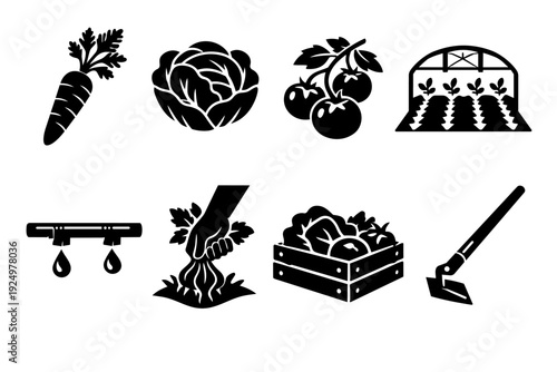 Farming and gardening icon set depicting vegetables, harvest, irrigation, and tools