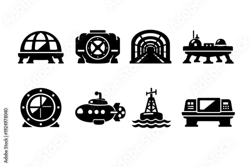 Exploring deep sea with underwater stations, submarine, and marine technology icons