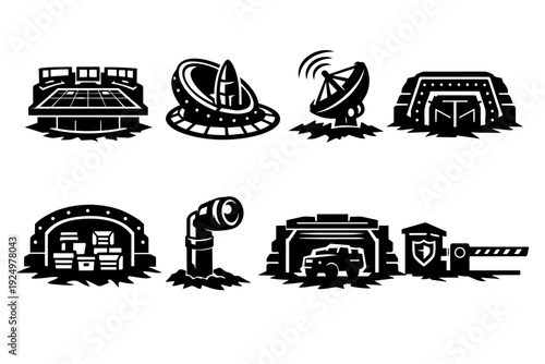 Military base elements with radar, bunker, checkpoint, and command center icons