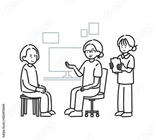 診察をするイラスト　医師、看護師、患者の女性3人　線画のみ