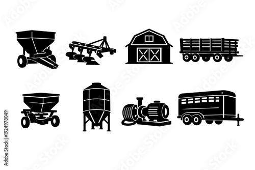 Farming equipment and buildings glyph icons set, agriculture machinery symbols