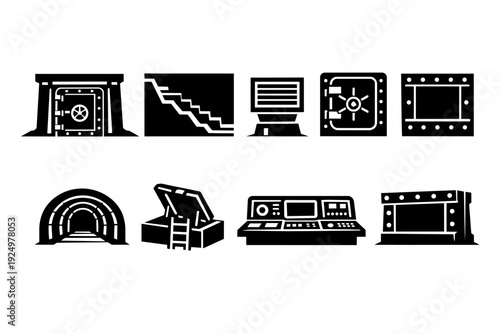 Underground bunker and vault shelter icons set, survival and security concept