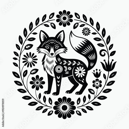 Elegant black and white fox surrounded by intricate floral and leaf patterns in a circular frame isolated on white background, Vector, illustration