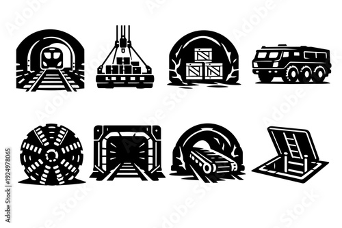 Mining and underground industry symbols, showing tunnels, machinery, and construction