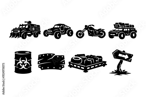 Post-apocalyptic survival icons set representing dangerous future world assets
