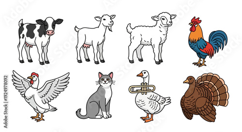 Cute cartoon farm animals and pets illustration collection.