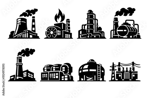 Industrial factories and energy production plant silhouettes generating power and pollution