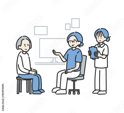 診察をするイラスト　医師、看護師、患者の女性3人