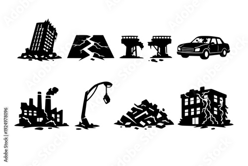 Earthquake disaster aftermath icons showing demolished buildings, cracked road, and ruined car