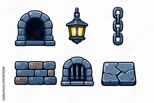 Game assets set featuring dungeon elements like arched entrance, lantern, chains, and stone bricks