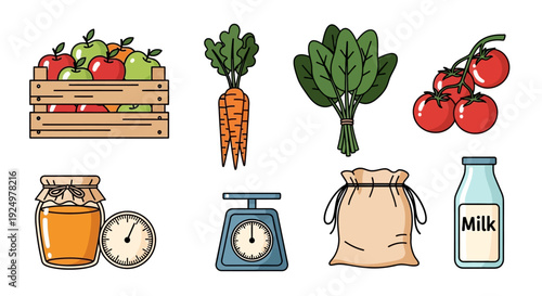 A collection of fresh produce and healthy farm market ingredients, flat design vector illustration.