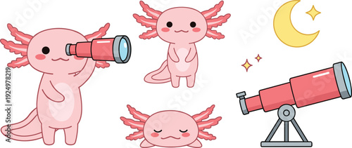 Pink Axolotl Astronomy Vector Set Featuring Character with Telescope Crescent Moon and Sparkling Star Icons