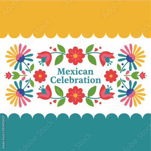 Mexican Celebration Text with Colorful Floral Folk Art Design