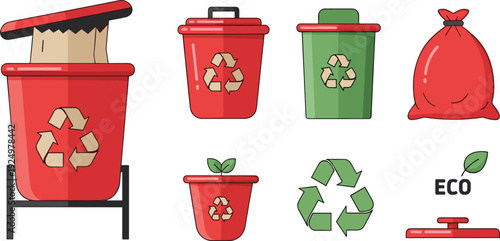 Recycling Bin Vector Set with Red and Green Trash Cans Waste Bags and Eco Friendly Environment Symbols