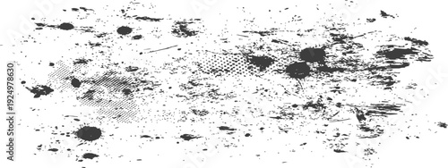 Grunge ink splatter and halftone texture overlay in black and white