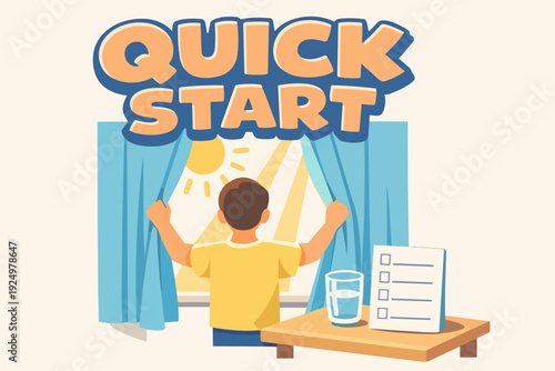 Person waking up with quick start text, opening curtains for productivity and inspiration