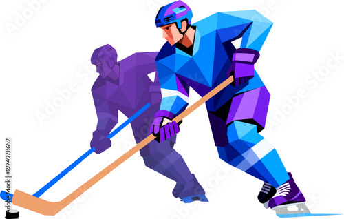 Professional Ice Hockey Duel Illustration - Low Poly Vector of Athletes Competing for Puck. geometric design is ideal for winter sports branding, tournament promotional banners