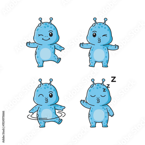 Cartoon alien character exercising and sleeping with different emotions
