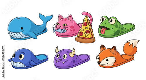 A collection of cute and whimsical cartoon slippers with animal and monster designs.