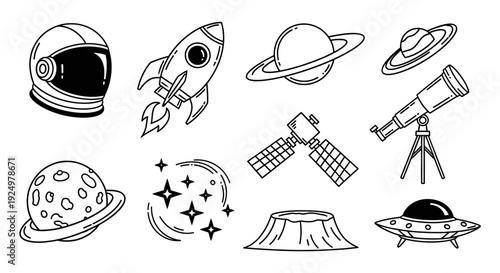 Cute line art illustration set of space exploration and cosmic elements.