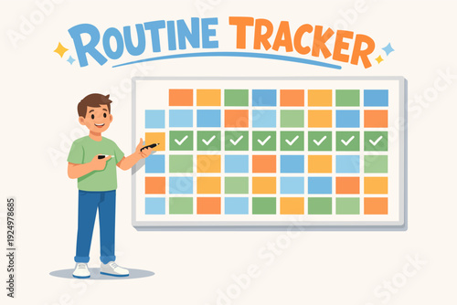Young boy tracking daily routine and habits on a personal schedule board