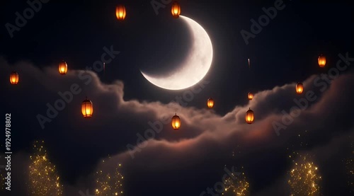 Stunning moonlit night with glowing lantern in cloudy sky