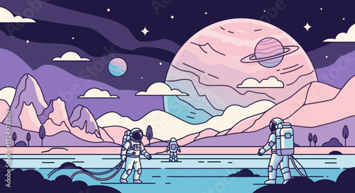 Astronauts explore a beautiful pastel alien planet landscape under a starlit sky.