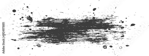 Grunge brush stroke with ink splatters distressed texture dark grey on white background