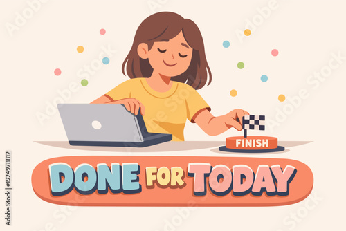 Young woman completing tasks on laptop, reaching finish line, done with work