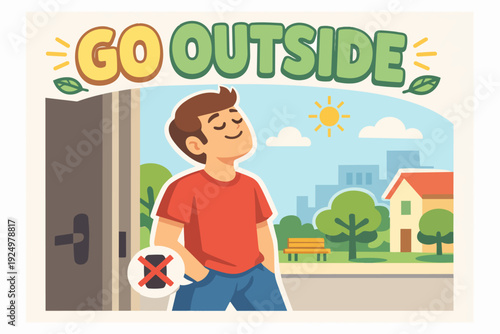 Young man enjoying fresh air and sunshine, embracing a digital detox outside