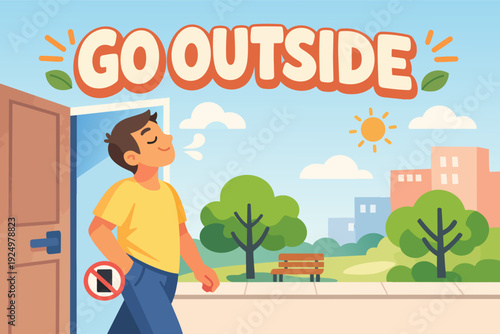 Young man enjoying fresh air in park, leaving digital device behind, go outside message