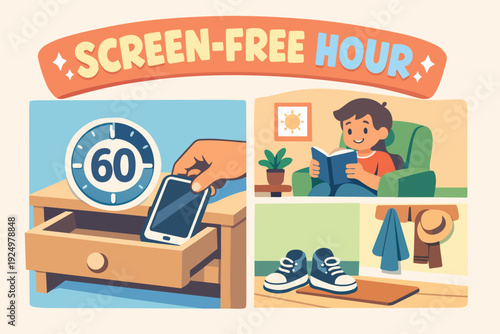 Screen-free hour concept promoting digital detox for mental health and wellness