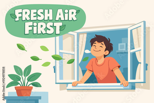 Person enjoying fresh air from an open window, promoting health and wellness