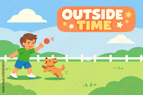Boy and dog playing catch outdoors, enjoying summer fun and childhood activity