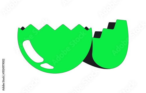 Acid broken eggshell split into two halves 2D cartoon object. Funky fragments. Hatched cracked egg shell jagged edges and glossy isolated element flat vector clip art on white. Spot illustration