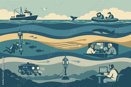 Marine science research operations with submerged equipment and scientists analyzing data