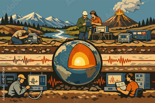 Geophysicists studying earth's core and seismic activity near volcano
