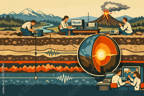 Geologists studying earth's layers, observing seismology data and volcanic activity