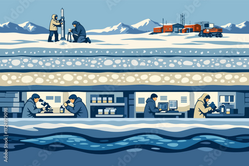 Arctic research team analyzing permafrost and ice core samples in a polar laboratory
