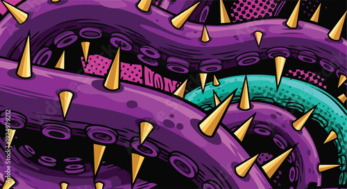 Εκτύπωση καμβά Vibrant purple snakes entwined with sharp golden spikes, illustration, close-up,