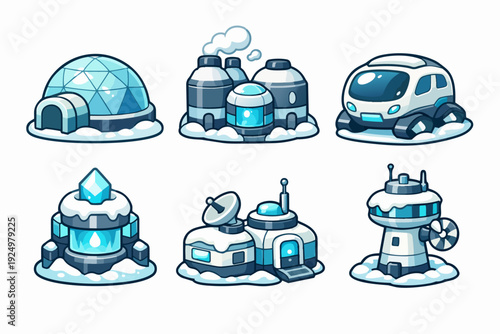 Arctic sci-fi base elements in cartoon style for game design or user interface