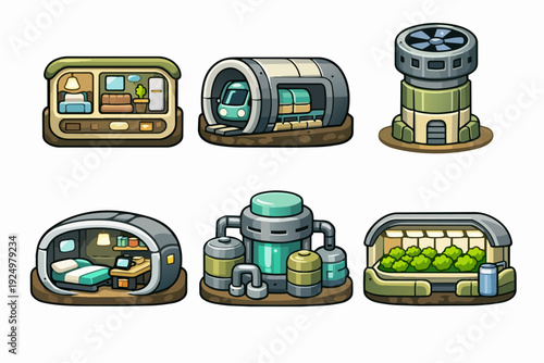 Futuristic sci-fi colony modules for habitation, industry, transport, and resource production