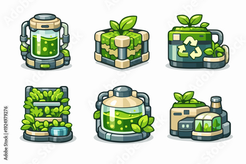 Green technology icons featuring sustainability, recycling, and plant growth concepts