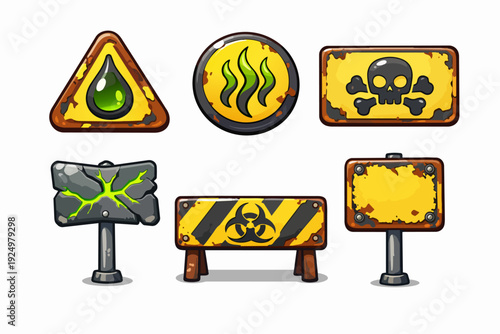 Rusty hazard warning signs set, toxic biohazard caution, skull and crossbones