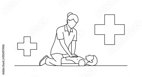 Continuous line drawing of a person performing CPR on another person on the ground with medical cross symbols