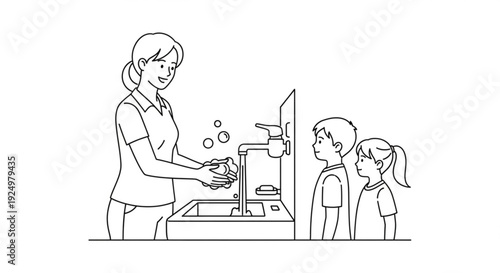 Mother teaching children proper handwashing technique at a kitchen sink with soap and water