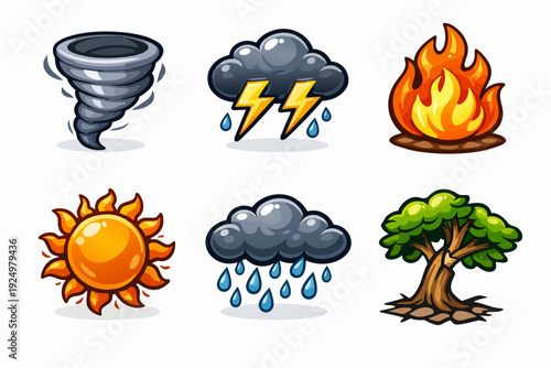 Weather and nature element icons set representing climate change and natural disasters