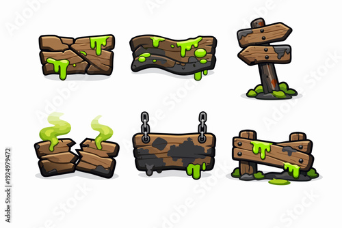 Collection of rotten wooden signs covered in green slime for game design elements