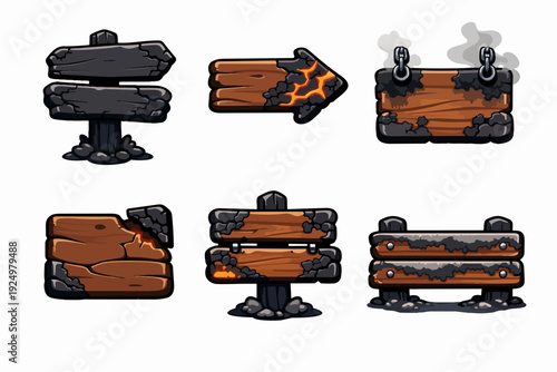 Burnt wooden game ui elements featuring glowing lava and charred signboards